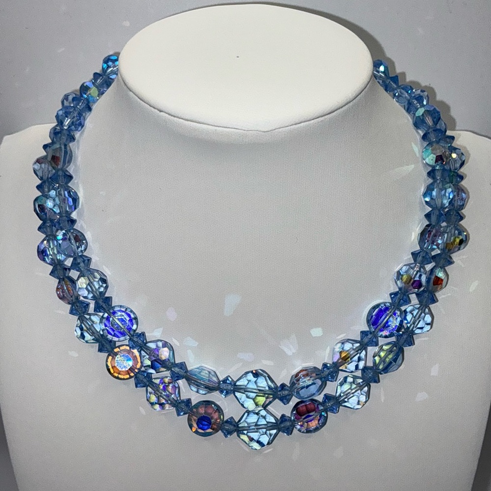 Vintage blue aurora borealis crystal double-strand necklace - Picture 2 of 6